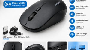 MIKUSO MOS-W115 Rechargeable Wireless Mouse – Dual Mode Bluetooth 5.2 + 2.4GHz, 1600 DPI, Silent Click, USB Type-C