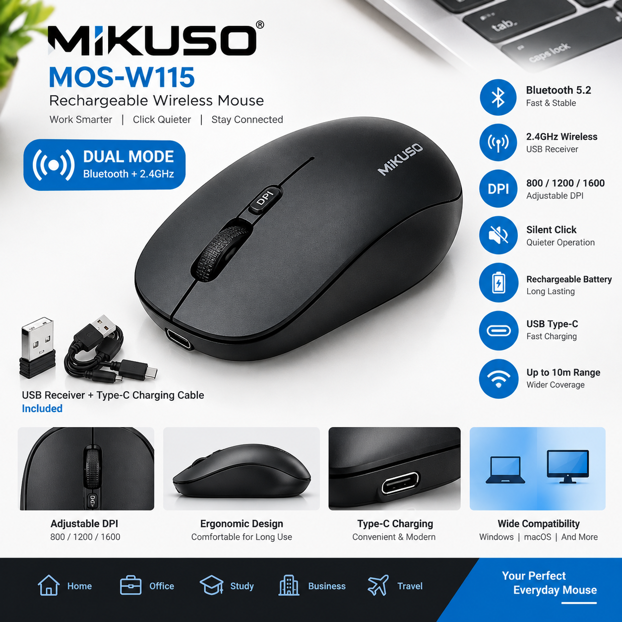MIKUSO MOS-W115 Rechargeable Wireless Mouse – Dual Mode Bluetooth 5.2 + 2.4GHz, 1600 DPI, Silent Click, USB Type-C - Image 1