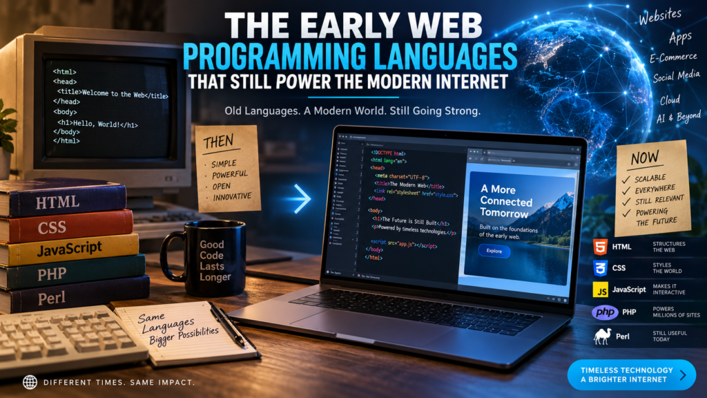 Early web programming languages HTML CSS PHP Perl and Erlang powering the modern internet